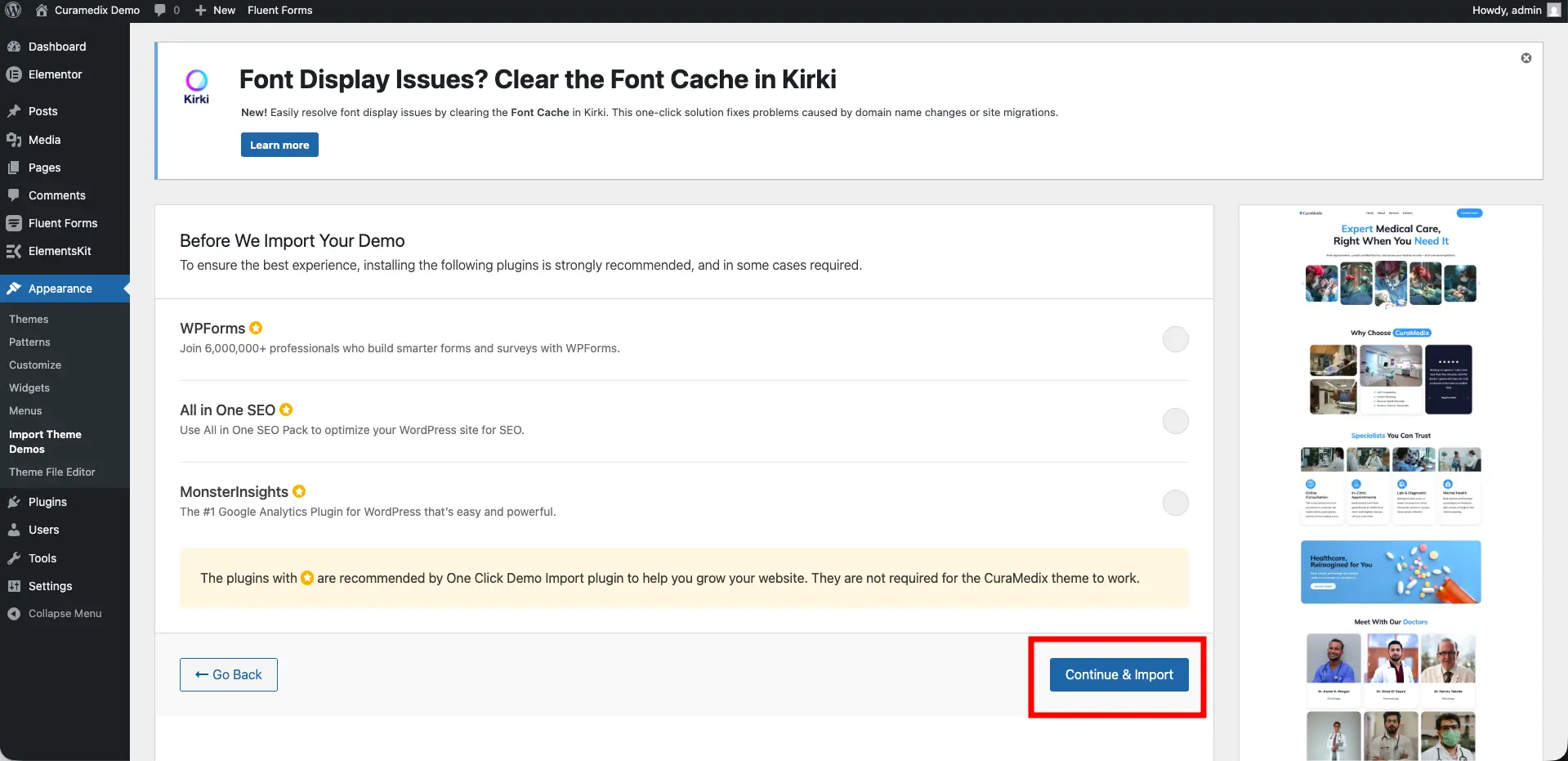 Screenshot of curamedix theme installation